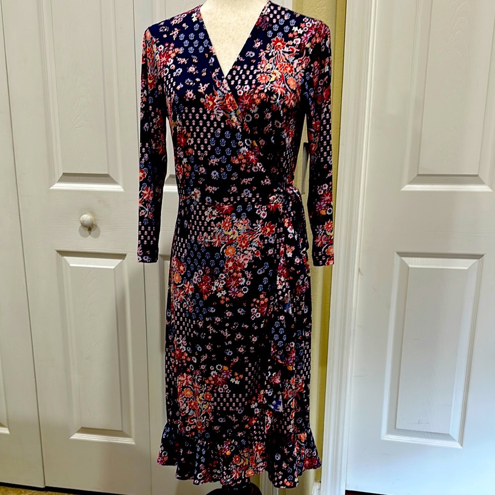Beige by eci Long Sleeve Floral Wrap Dress - Navy and Red